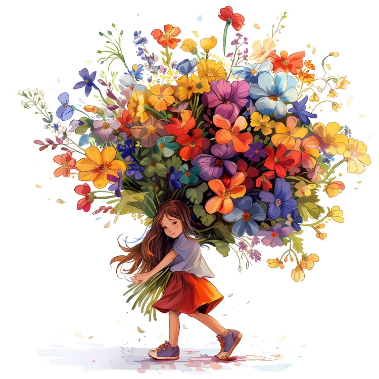 Cheerful Girl Carrying a Huge Bouquet of Flowers