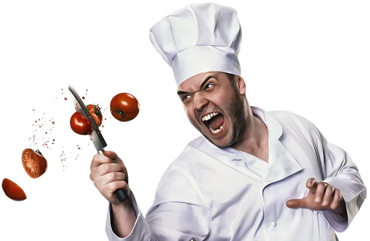 Angry Chef Slicing Tomatoes