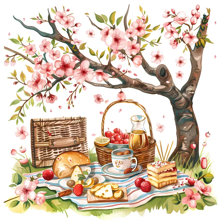 Picnic with Cherry Blossoms and Food Illustration