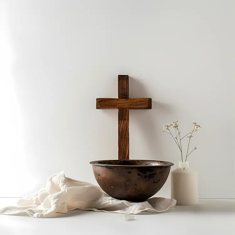 Wooden Cross and Bowl with Cloth and Candle