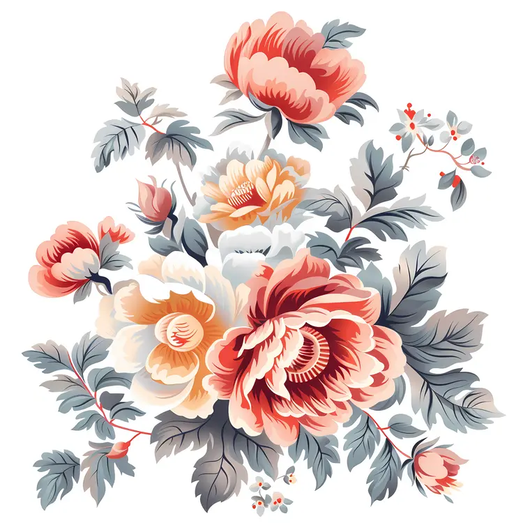 Vibrant Red Floral Pattern with Green Leaves
