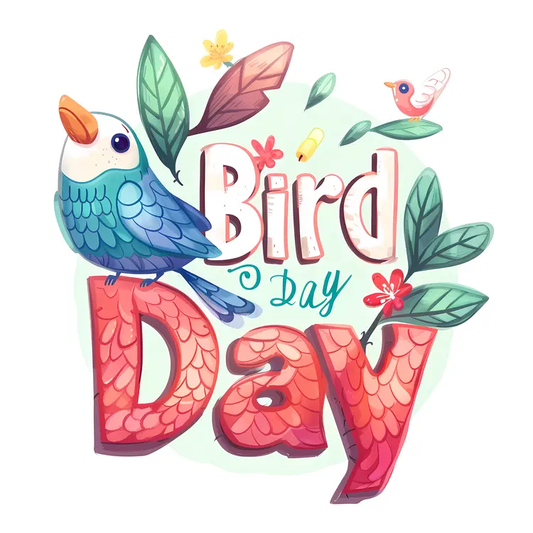 Cute Bird Day Illustration with Text and Leaves