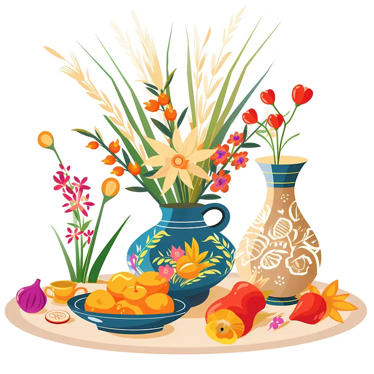Vases with Flowers and Fruits