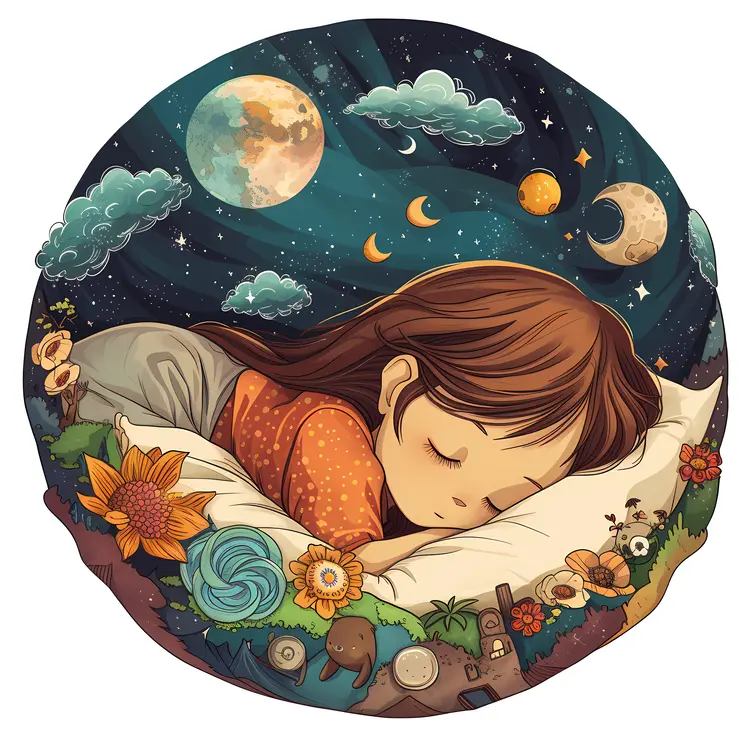 Whimsical Night Illustration of a Sleeping Girl