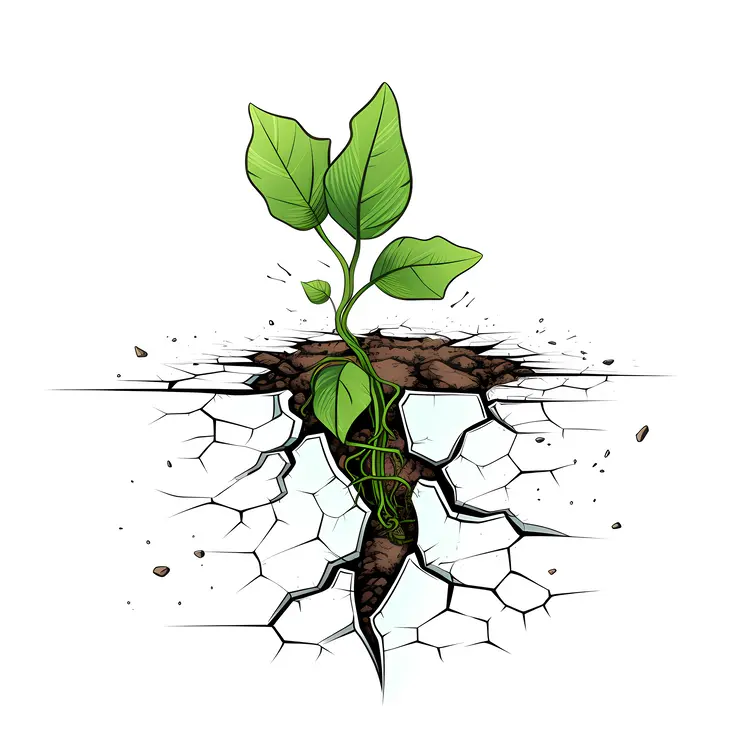 Illustration of Green Plant Sprouting from Cracked Soil