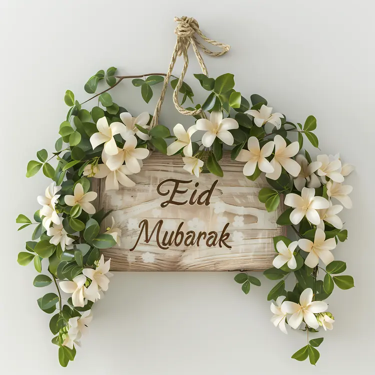 Eid Mubarak Wooden Sign with White Flowers