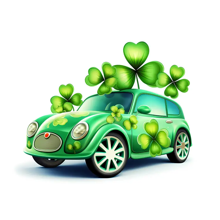 Cute Green Car with Clovers Illustration