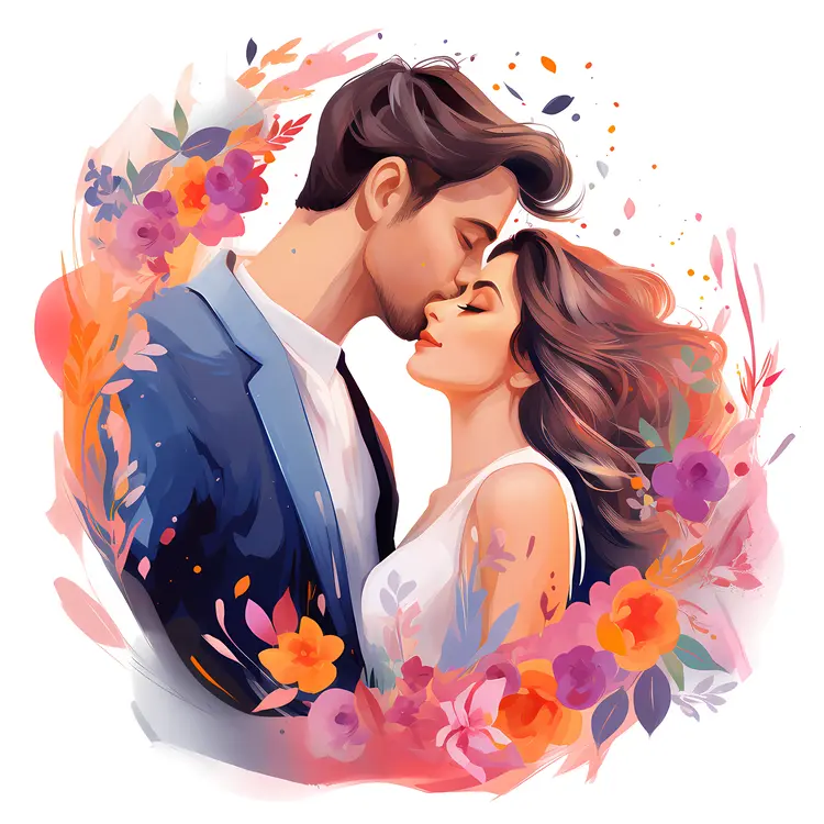 Romantic Couple with Floral Wreath
