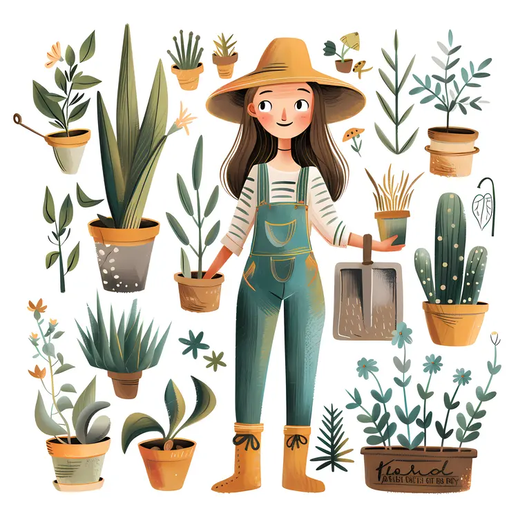 Cute Gardener Girl with Plants