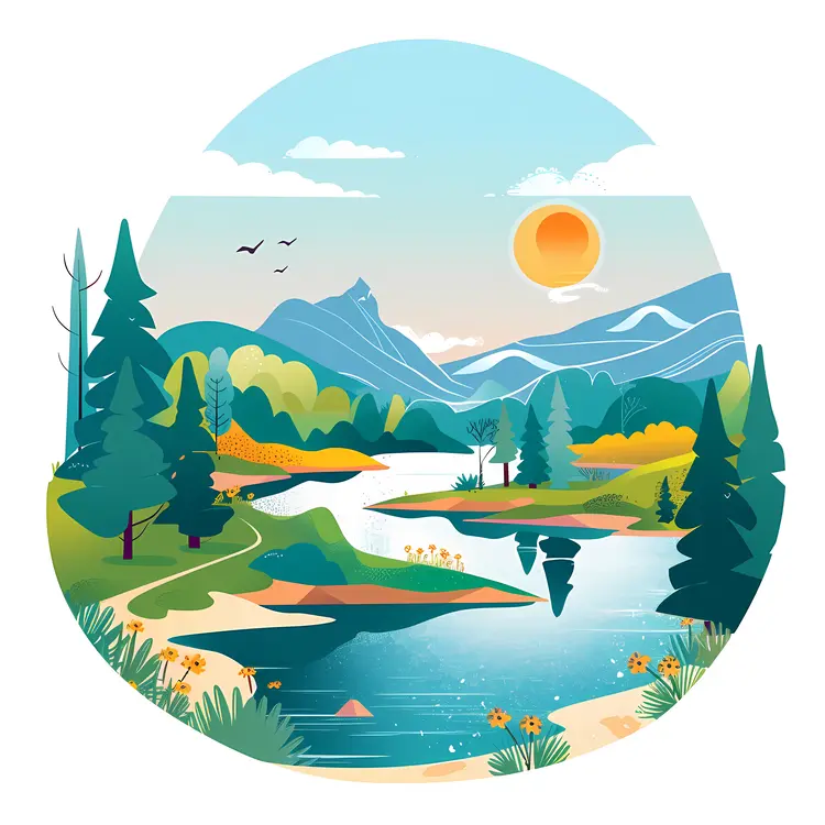 Mountain River Landscape with Sun and Trees