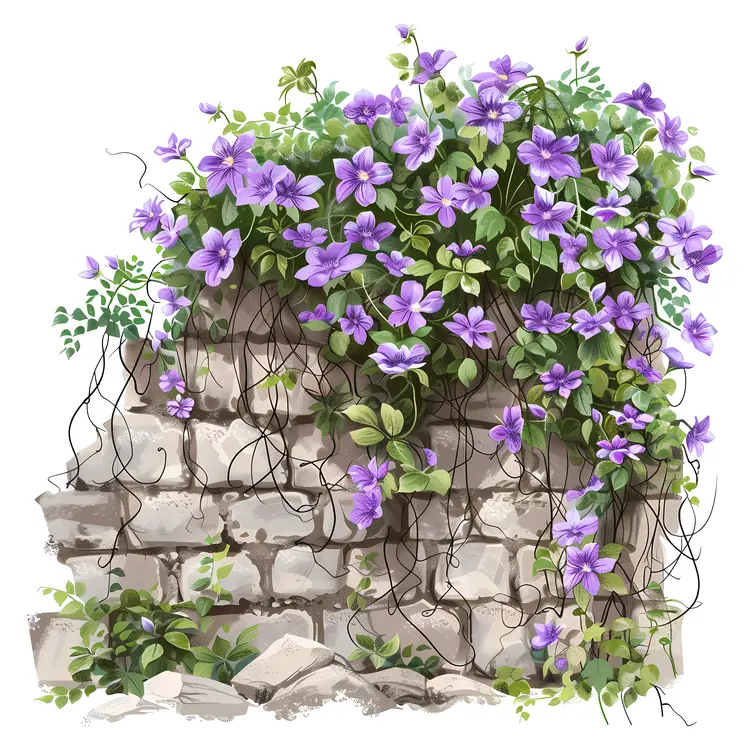 Purple Flowers on Stone Wall