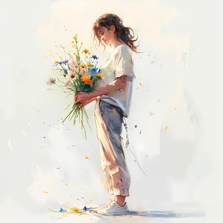 Girl Holding a Bouquet of Flowers