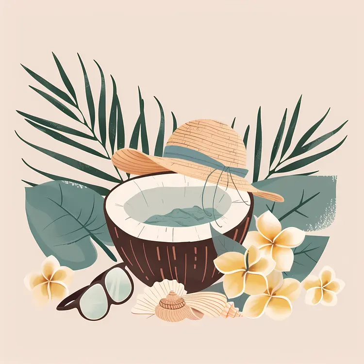 Coconut with Hat and Flowers on Beach