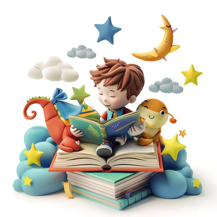 Boy Reading with Toys and Stars