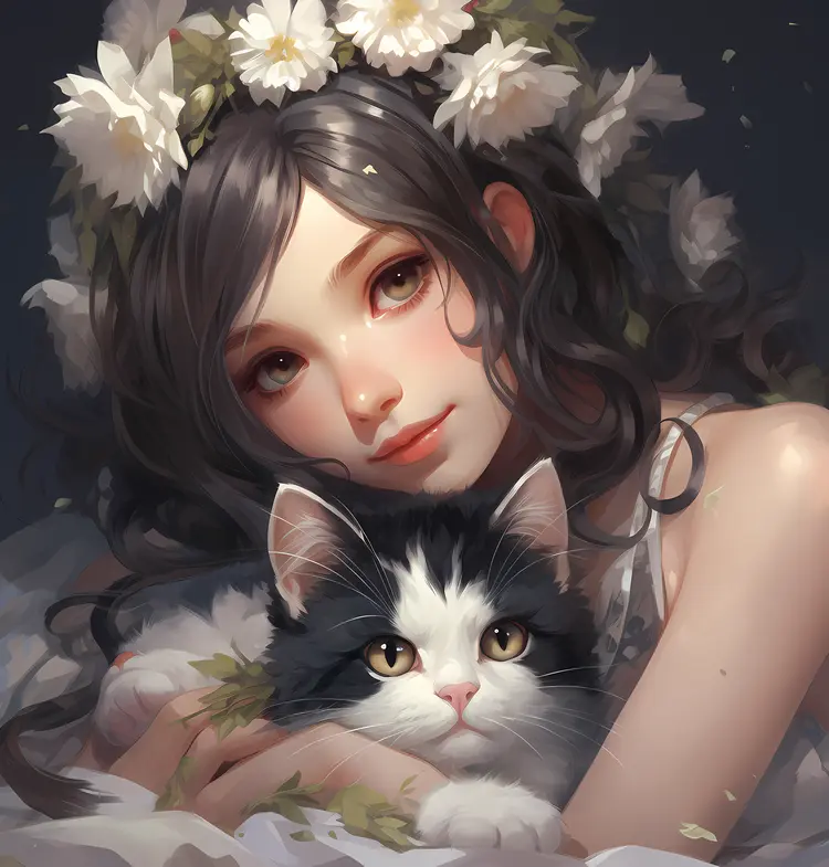 Girl with Kitten and Flowers
