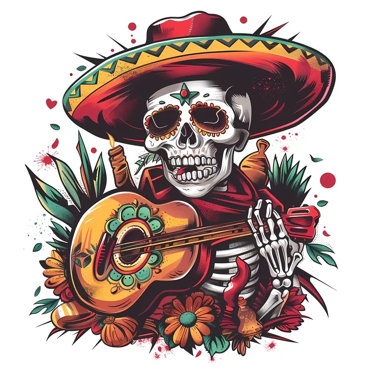 Musical Sugar Skull with Sombrero and Guitar