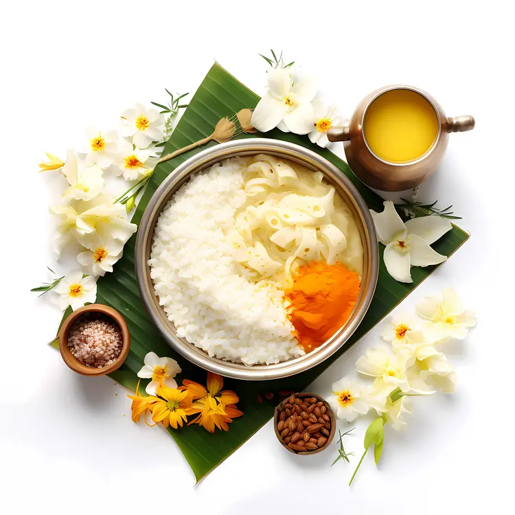 Traditional Rice and Turmeric Offering with Flowers