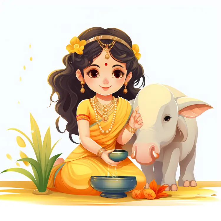Girl Feeding Calf in Traditional Attire