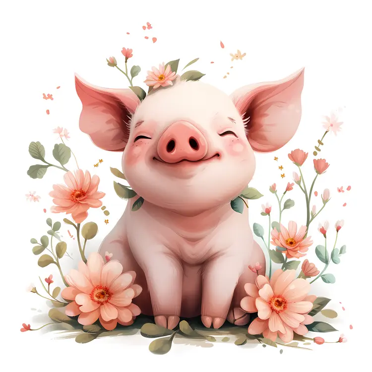 Smiling Piglet with Floral Surroundings