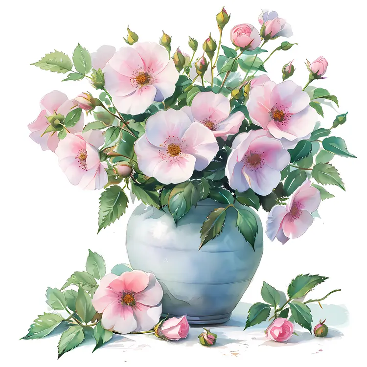 Vase of Pink Flowers with Green Leaves