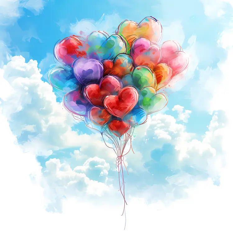 Colorful Heart Balloons in Sky