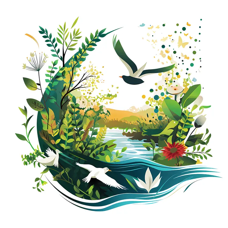 Nature Scene with Birds and Flowers