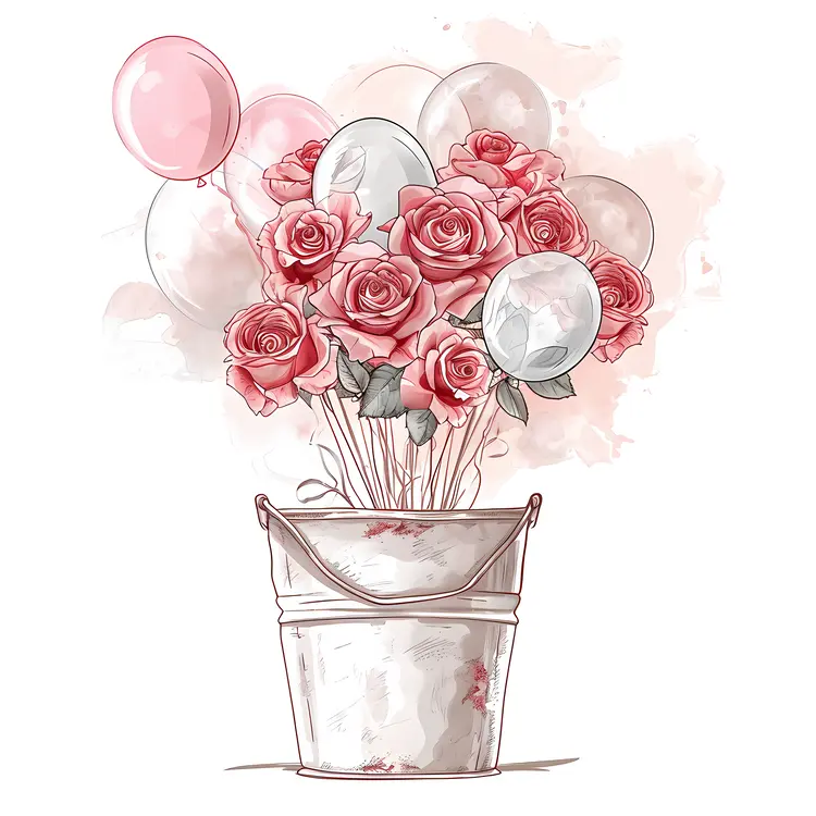 Pink and White Roses with Balloons in a Bucket