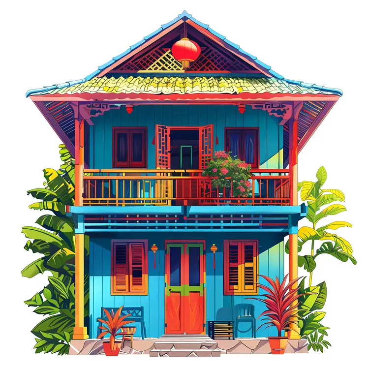 Wooden Stilt House with Palm Tree