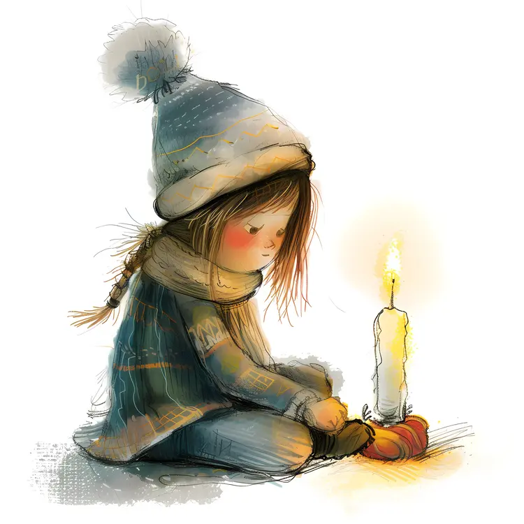 Child Sitting with Candle in Winter Clothes