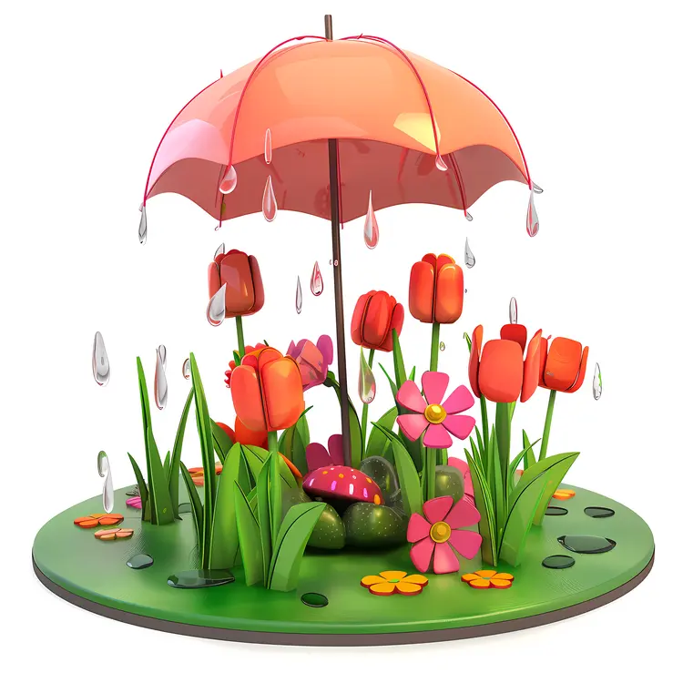 Red Umbrella Protecting Flowers in the Rain