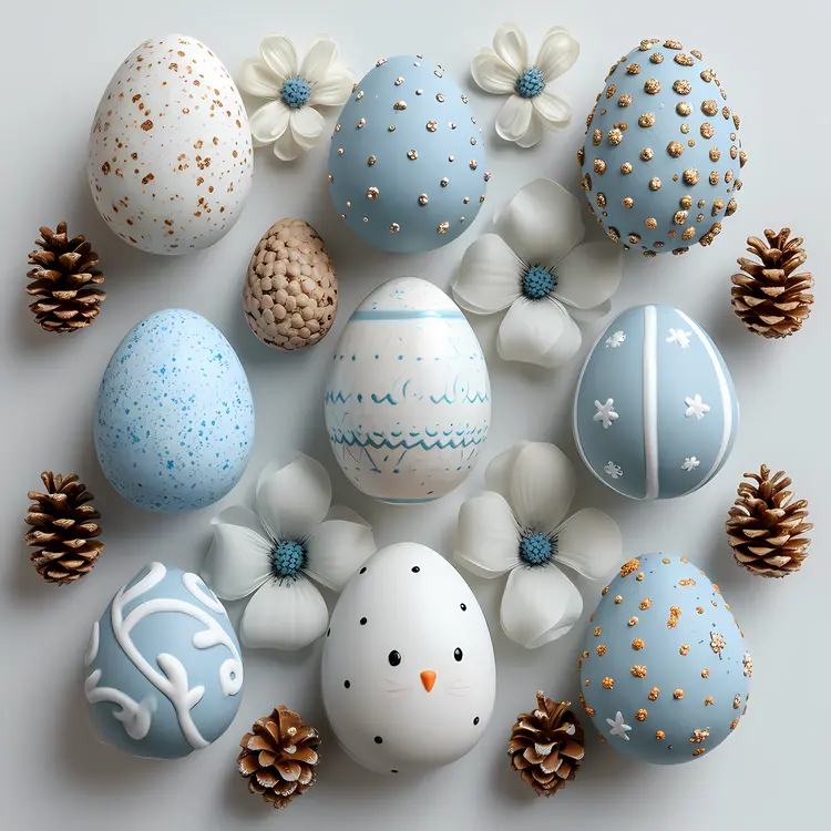 Decorated Eggs with Flowers and Pinecones