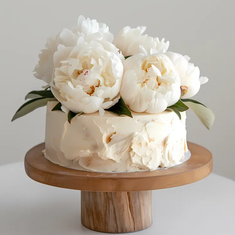 White Flower Cake on Wooden Stand