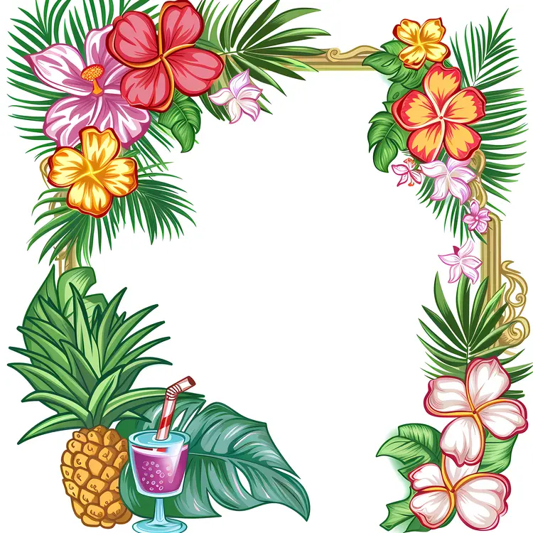 Tropical Floral Frame with Pineapple and Drink