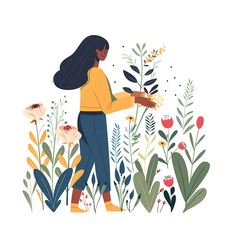 Woman Picking Flowers in Garden