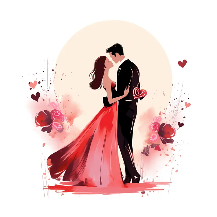 Romantic Couple Dancing with Hearts and Flowers