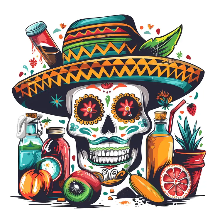 Colorful Decorated Skull with Sombrero and Bottles