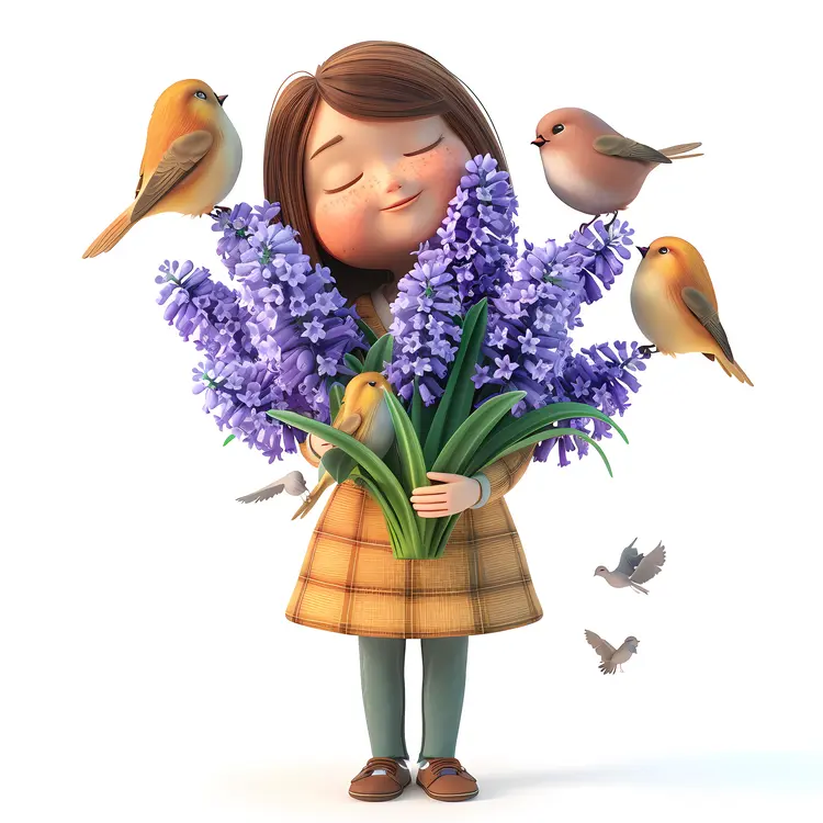 Girl Holding Purple Flowers with Birds
