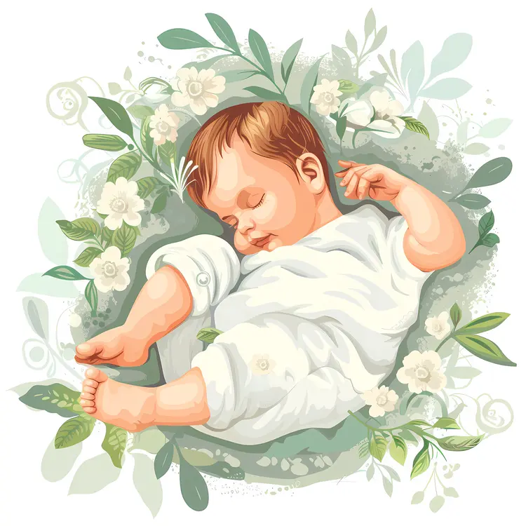 Sleeping Baby Surrounded by Flowers