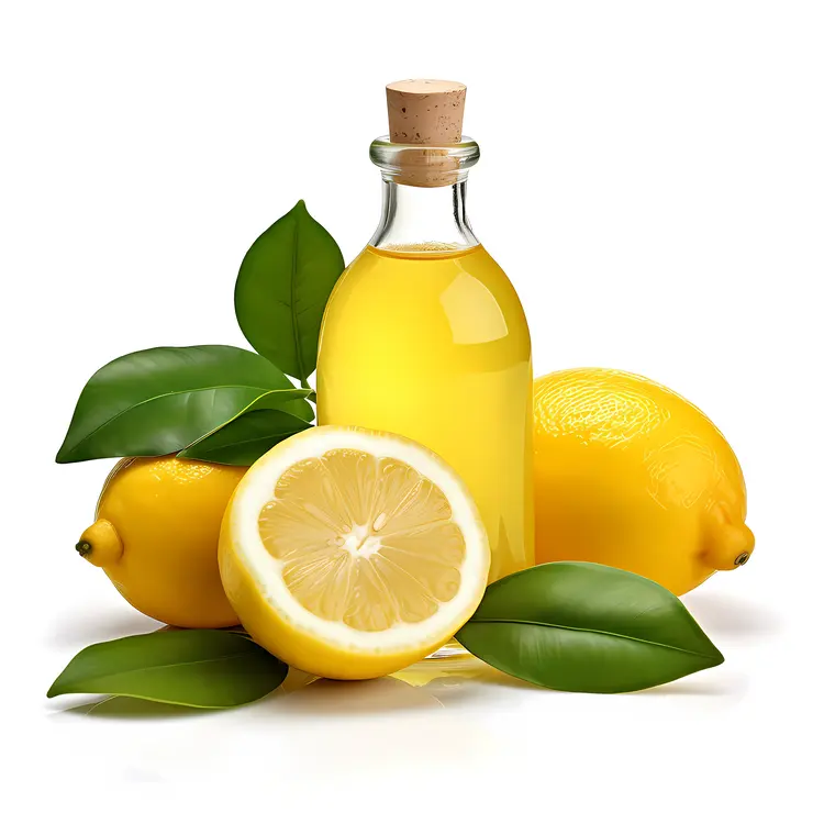 Bottle of Lemon Juice with Whole and Sliced Lemons