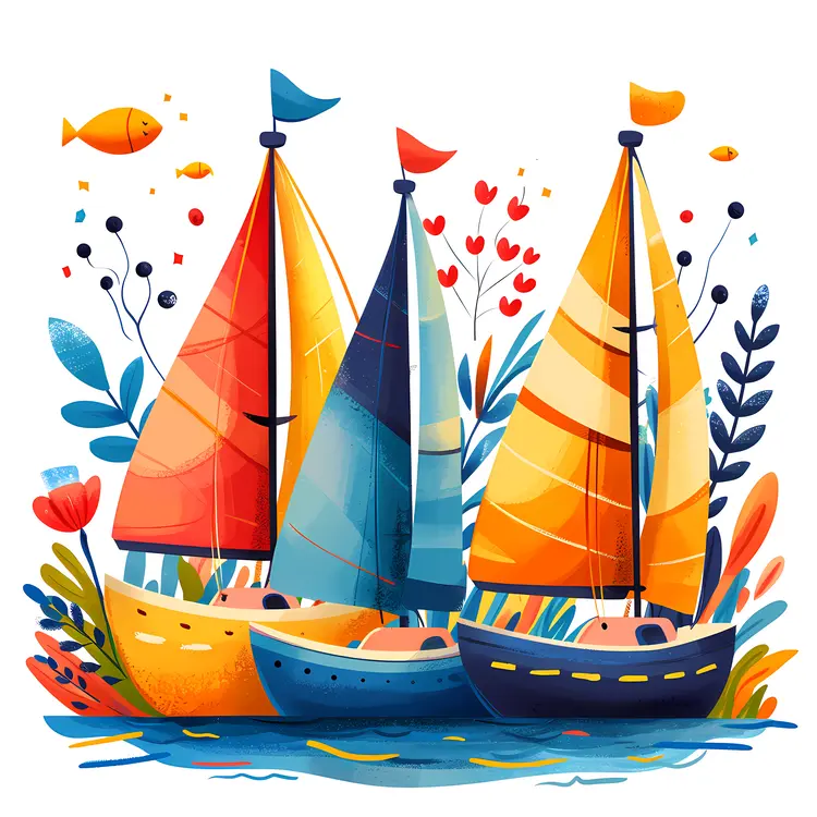 Three Colorful Sailboats with Floral Background