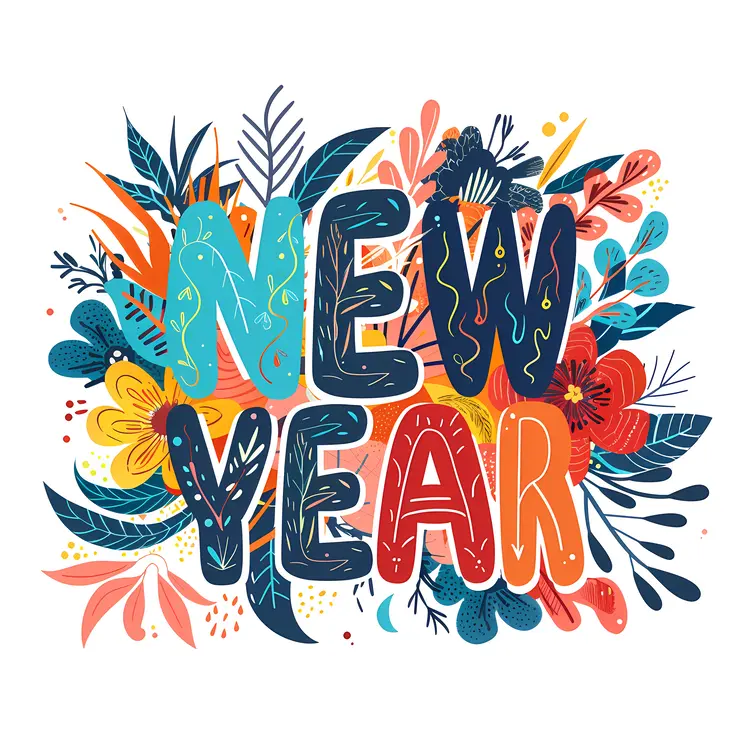 Colorful New Year Text with Leaves