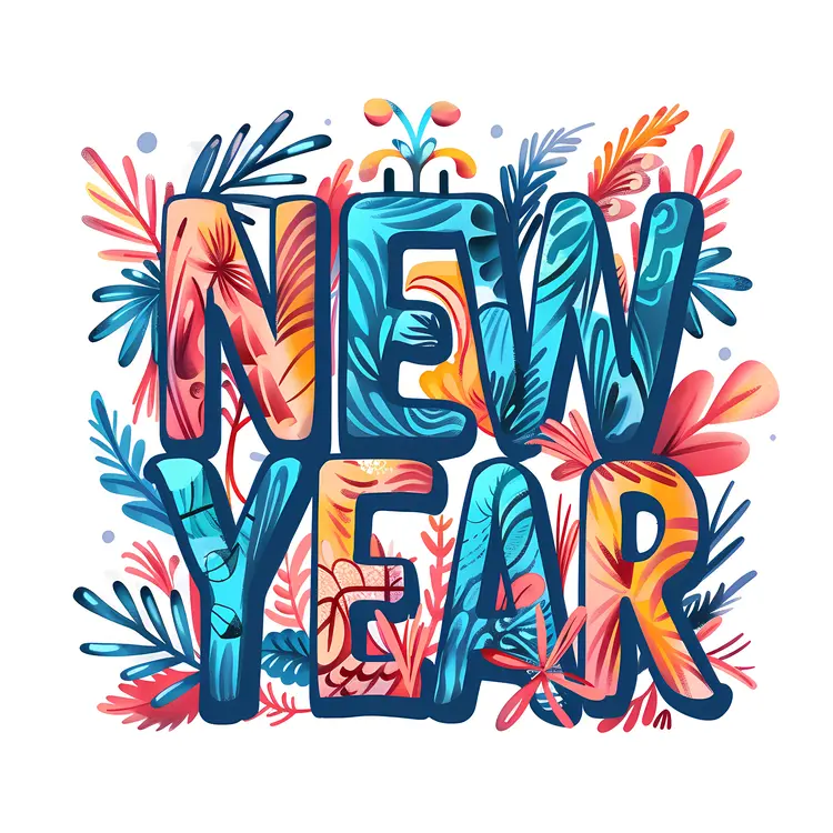 Colorful New Year Text with Leaves