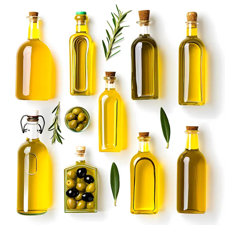 Collection of Olive Oil Bottles with Olives and Leaves