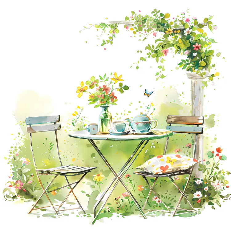 Garden Table with Flowers and Chairs