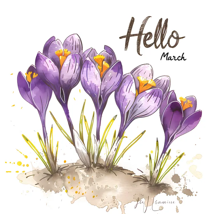 Hello March with Purple Flowers