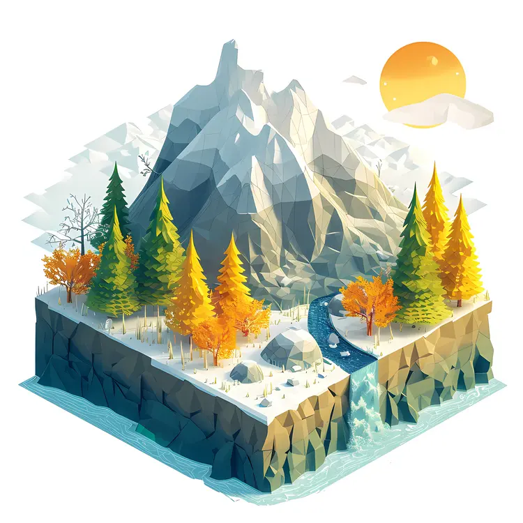 Low Poly Mountain with River and Trees