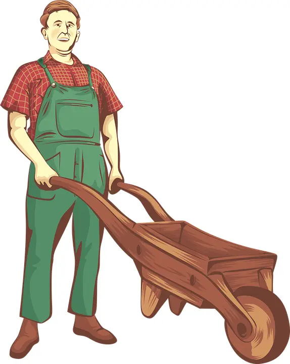Farmer with Wooden Wheelbarrow