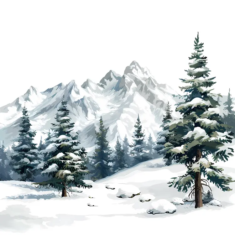 Snowy Mountain with Pine Trees