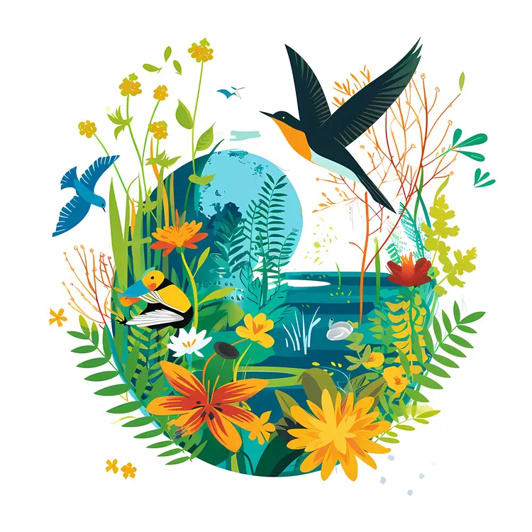 Floral Landscape with Birds