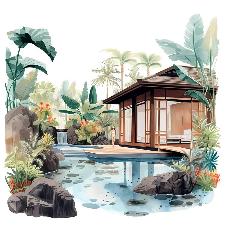 Tropical House with Garden and Pond